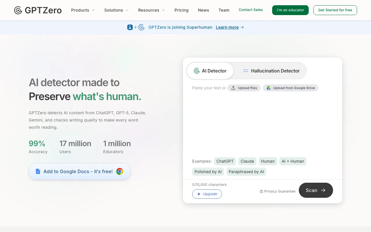 Screenshot of GPTZero