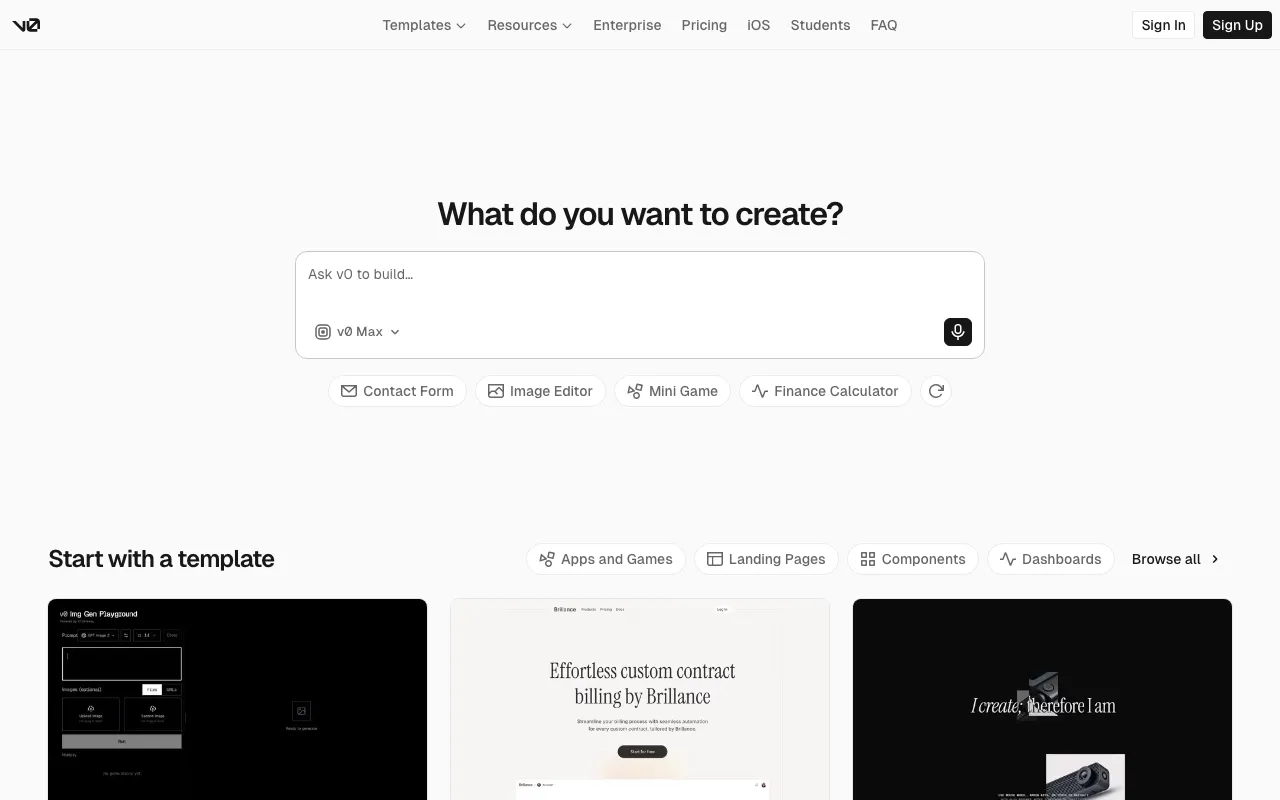 Screenshot of v0 by Vercel